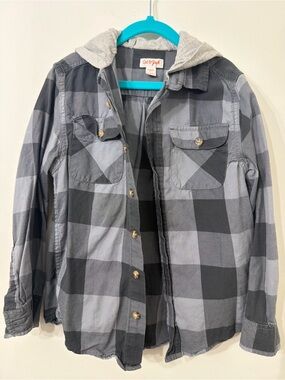 Cat & Jack Black and Gray Plaid Hooded Shirt Jacket
